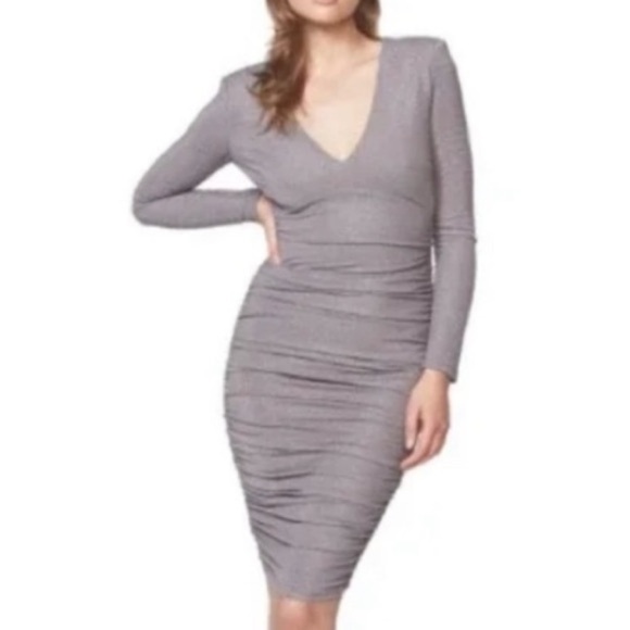 Bardot Dresses & Skirts - BARDOT gray sparkly long sleeve ruched dress